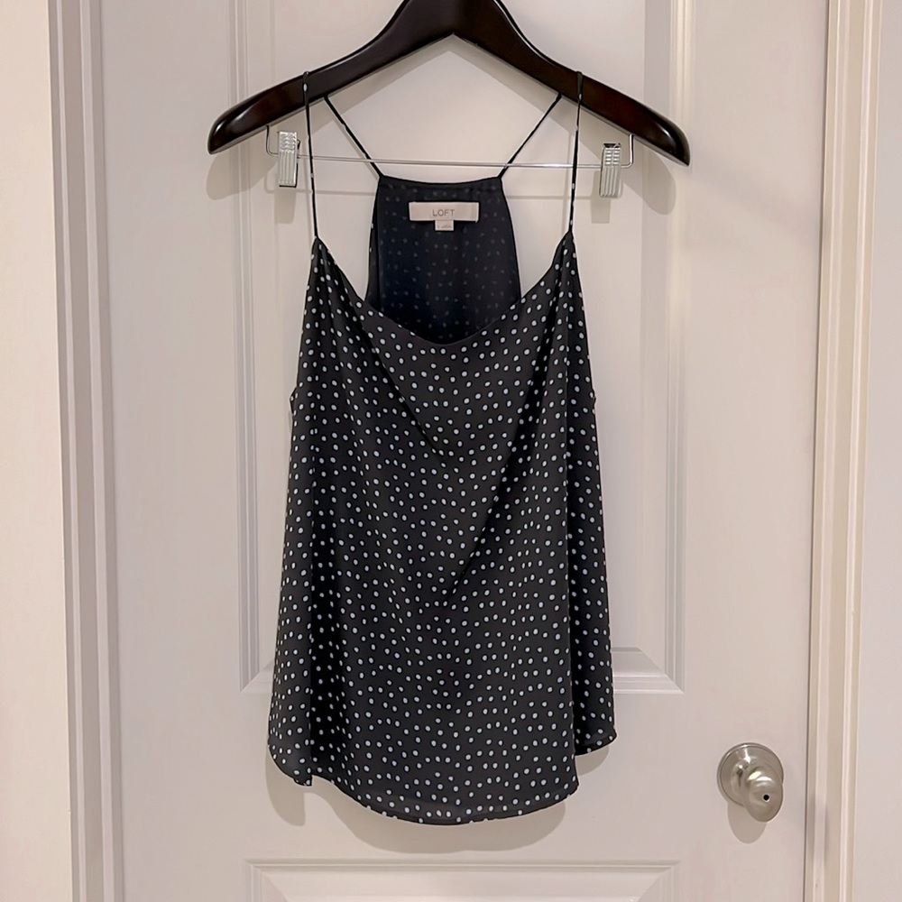Loft gray polka dot spaghetti strap top, size L
